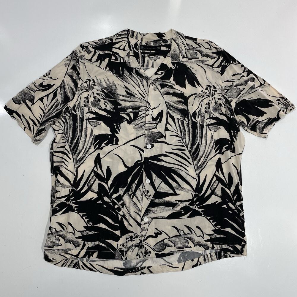 All Saints Shirt Men’s Medium Black Floral Hawaiian Short Sleeve Viscose Button
